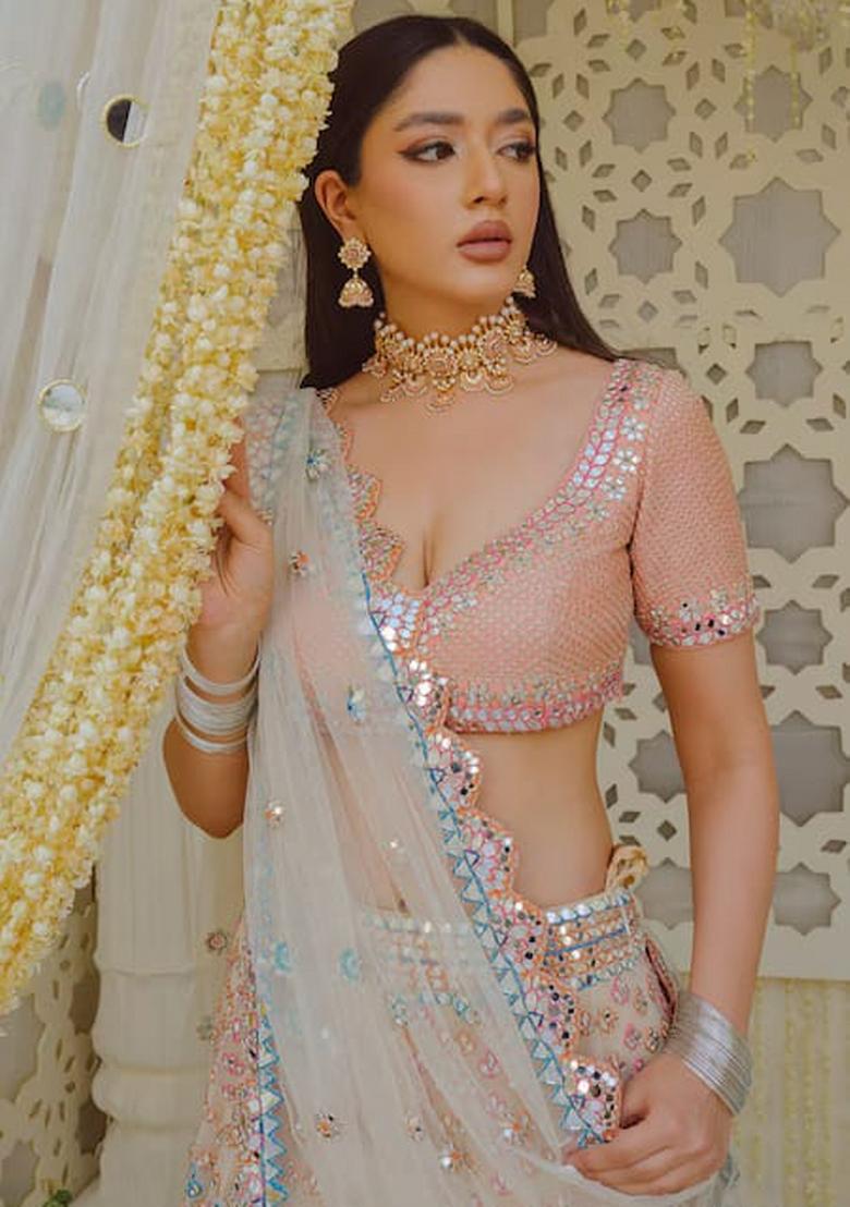 Pink Embroidery Work Satin Lehenga Set With Dupatta - Indya