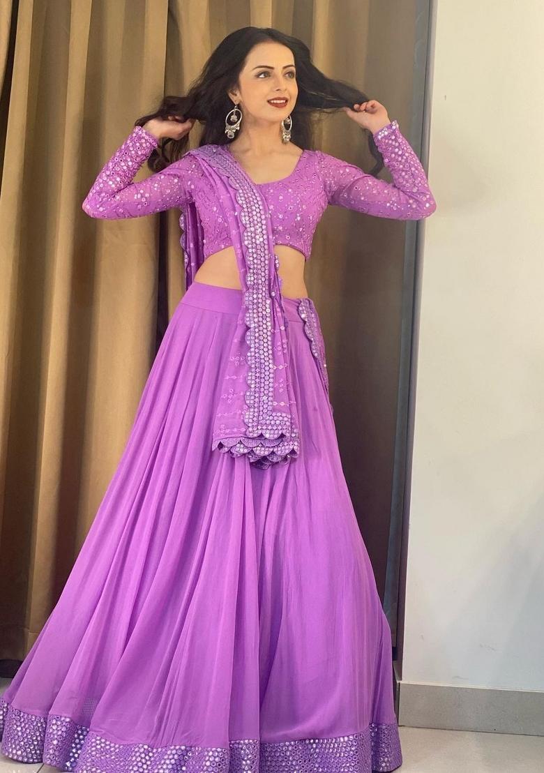 Lavender Embroidery Work Georgette Lehenga Set With Dupatta - Indya