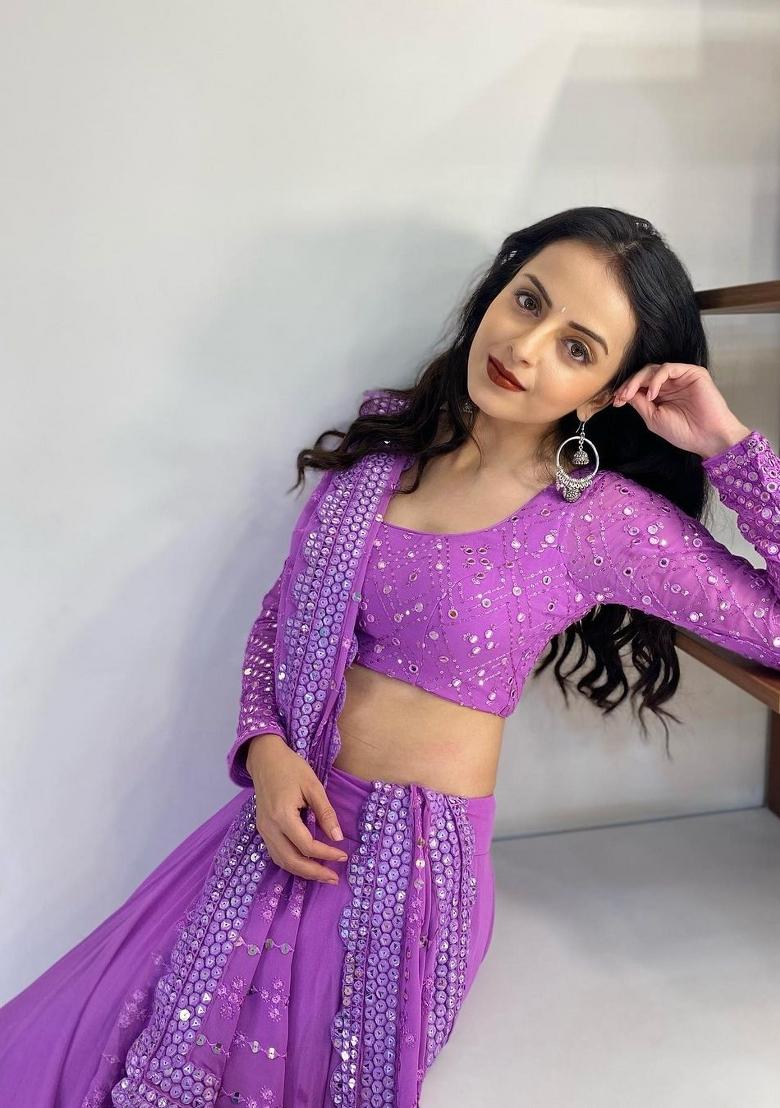 Lavender Embroidery Work Georgette Lehenga Set With Dupatta - Indya