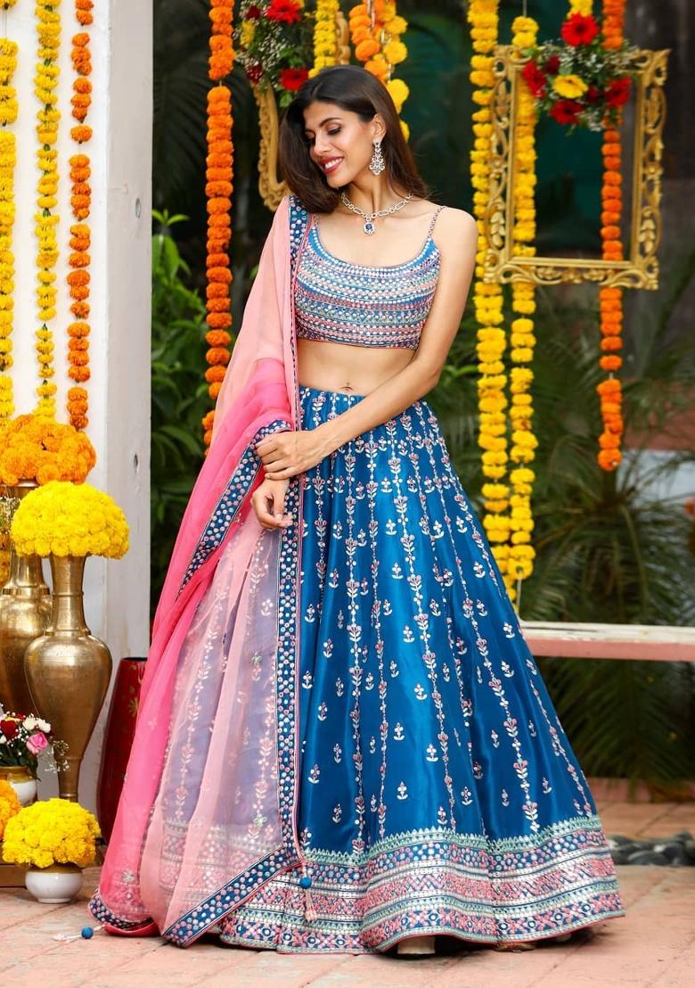 Multicolor Embroidery Work Chinon Lehenga Set With Dupatta - Indya