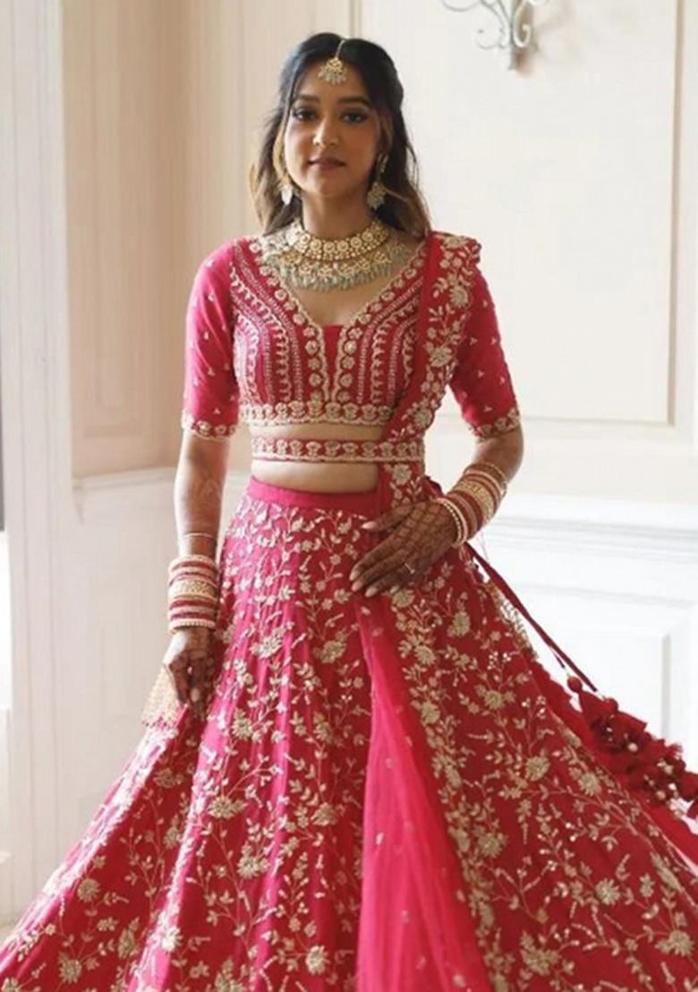 Gajri Embroidery Work Satin Lehenga Set With Dupatta - Indya