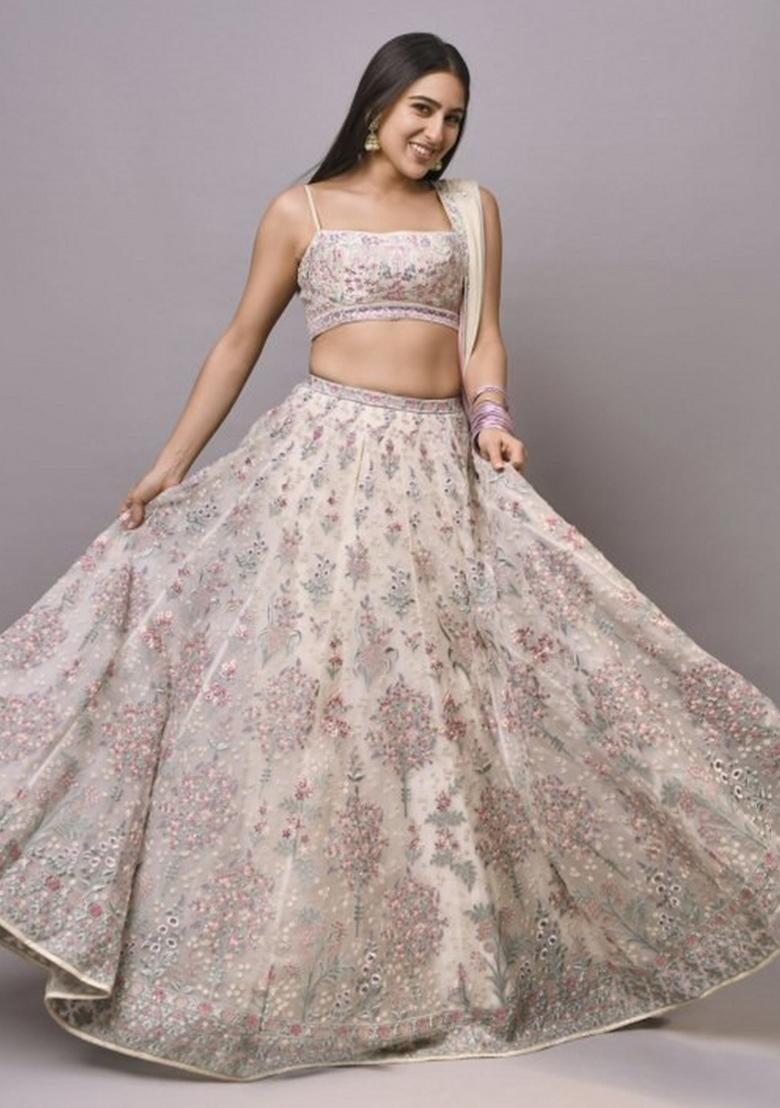 Cream Embroidery Work Georgette Lehenga Set With Dupatta - Indya