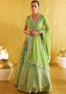 Parrot Green Embroidery Work Silk Lehenga Set With Dupatta