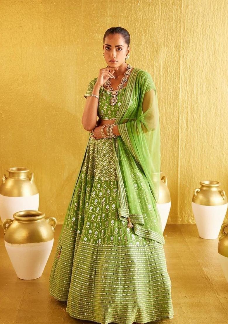 Parrot Green Embroidery Work Silk Lehenga Set With Dupatta - Indya