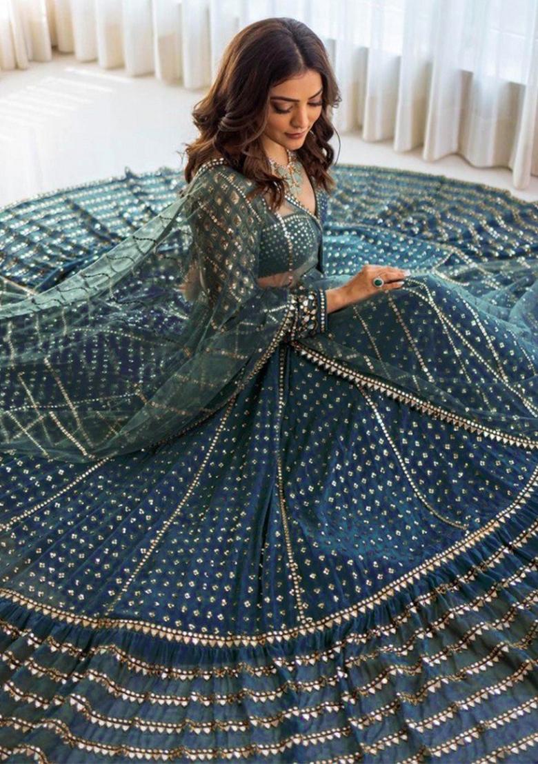 Blue Embroidery Work Georgette Lehenga Set With Dupatta - Indya