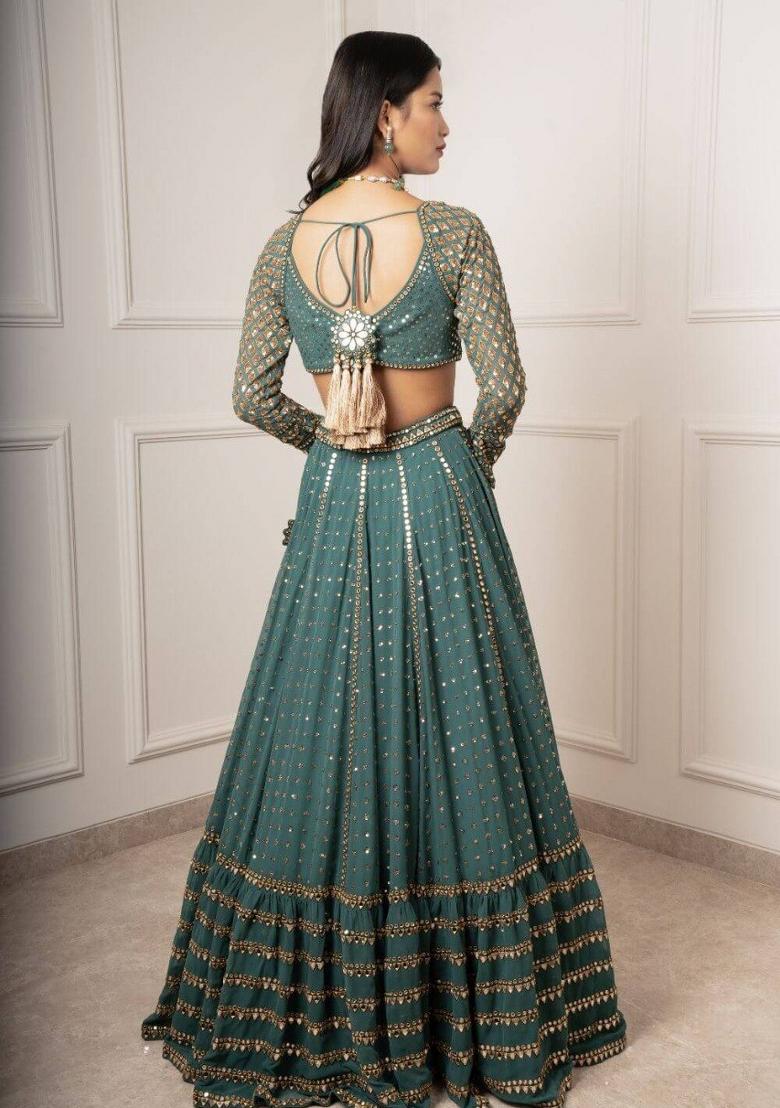 Green Embroidery Work Georgette Lehenga Set With Dupatta - Indya