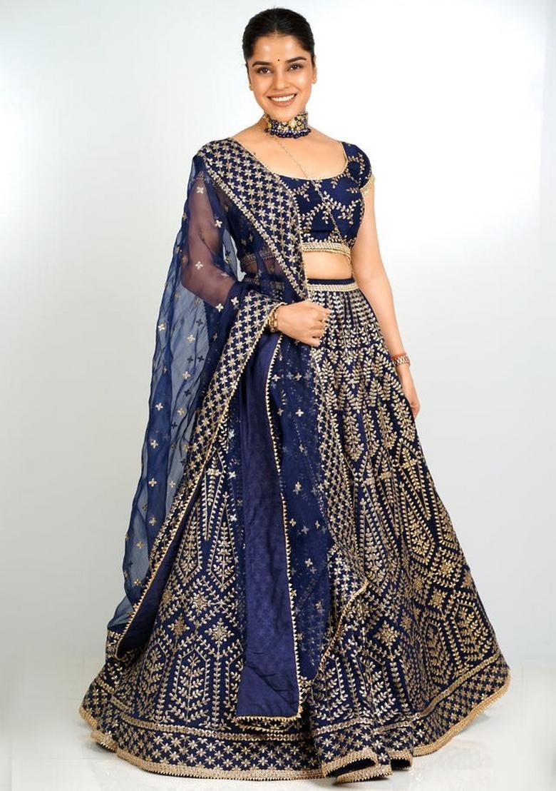 Blue Embroidery Work Satin Lehenga Set With Dupatta - Indya