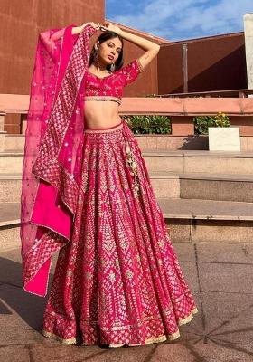 Rani Embroidery Work Satin Lehenga Set With Dupatta