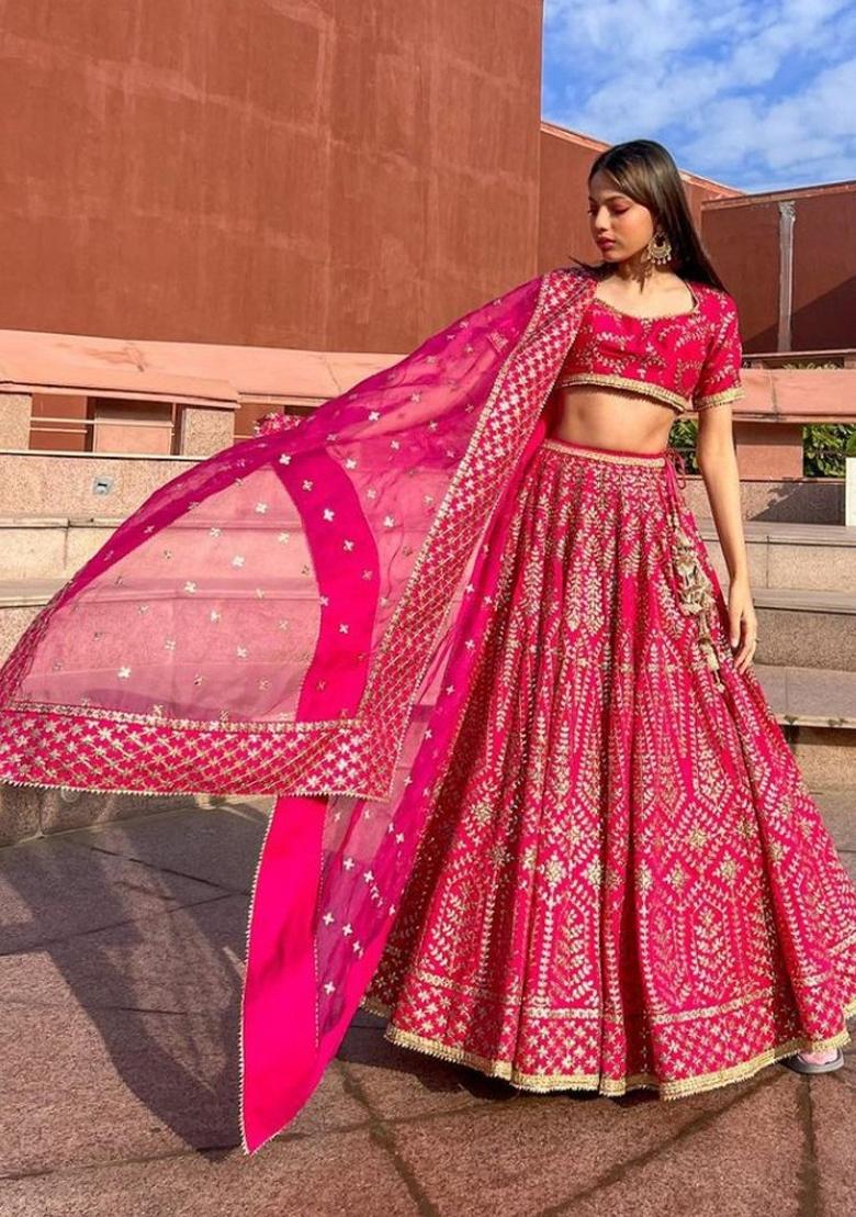 Rani Embroidery Work Satin Lehenga Set With Dupatta - Indya