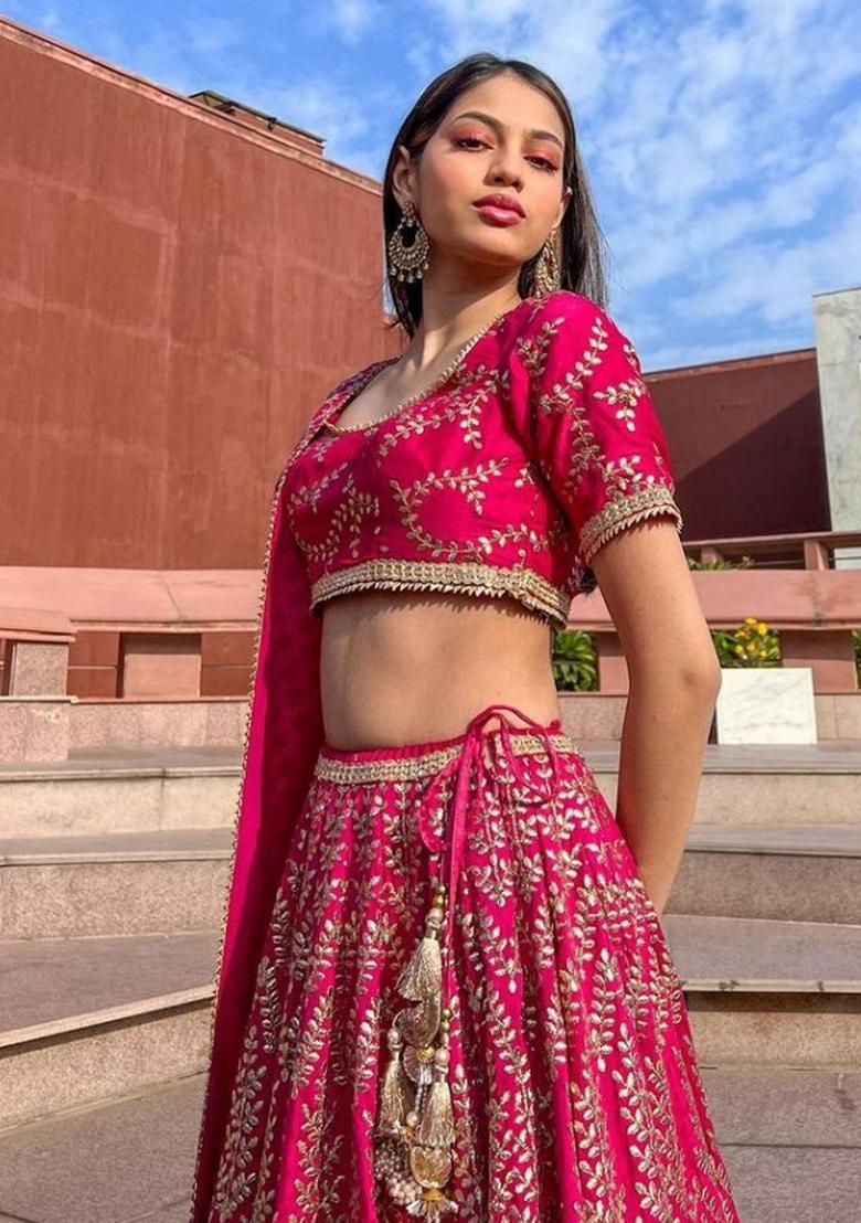 Rani Embroidery Work Satin Lehenga Set With Dupatta - Indya