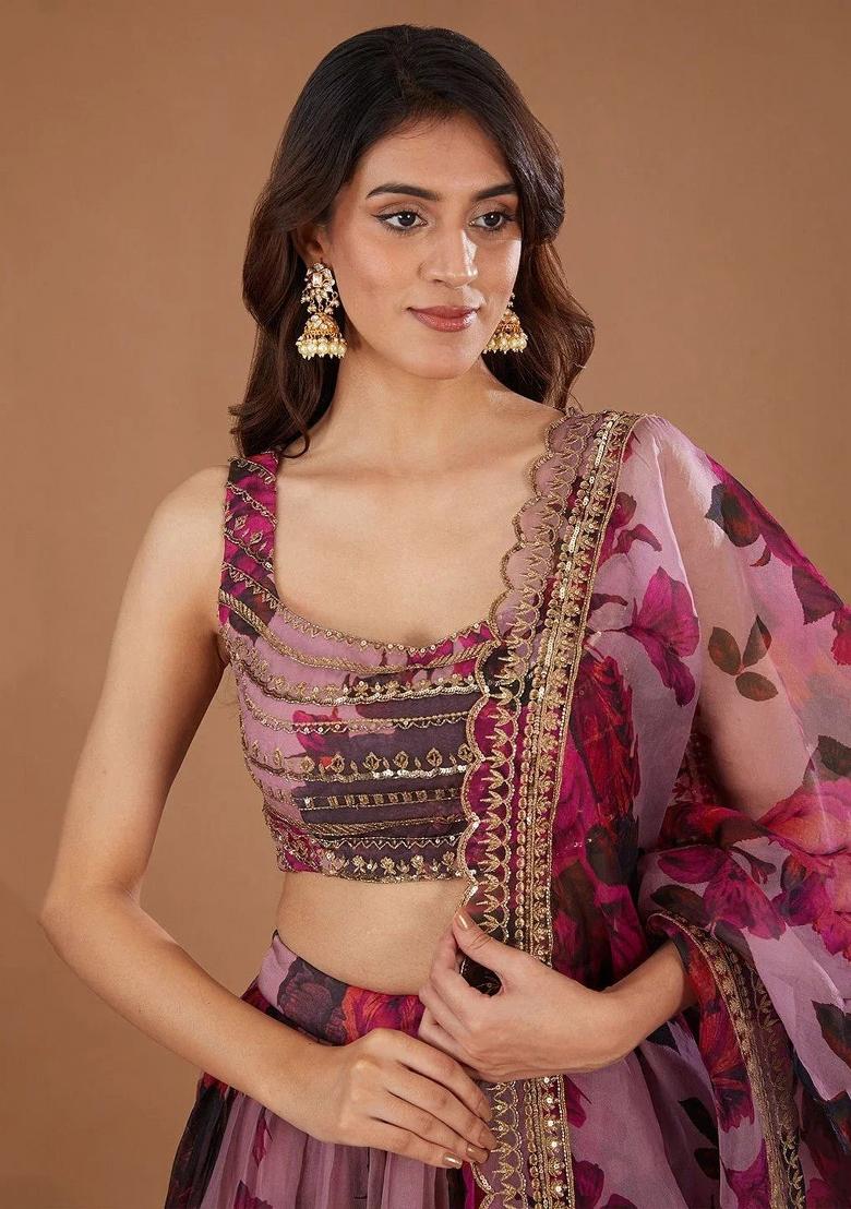 Metalic Pink Embroidery Work Georgette Lehenga Set With Dupatta - Indya