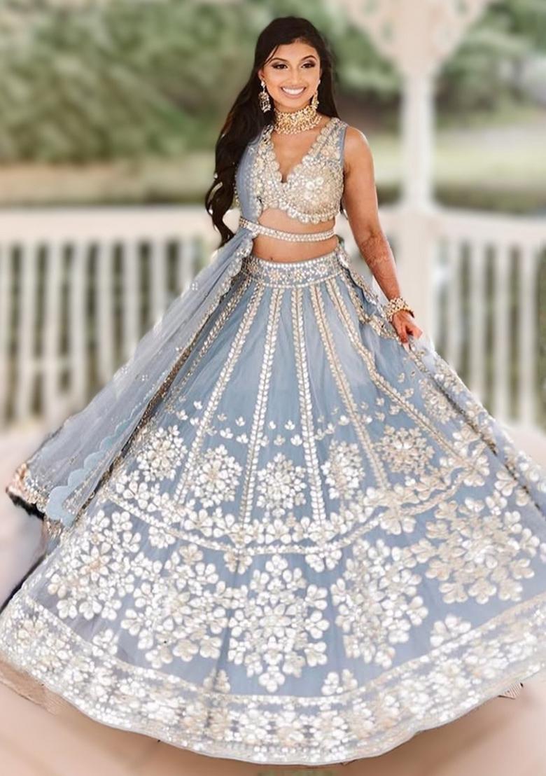 Gray Embroidery Work Silk Lehenga Set With Dupatta - Indya