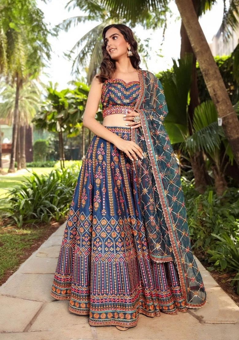 Multicolor Embroidery Work Chinon Lehenga Set With Dupatta - Indya
