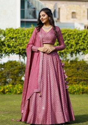 Metalic Pink Embroidery Work Georgette Lehenga Set With Dupatta