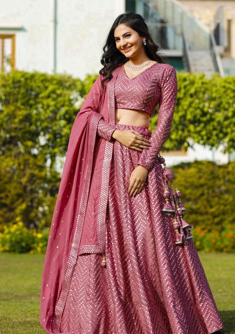Metalic Pink Embroidery Work Georgette Lehenga Set With Dupatta - Indya