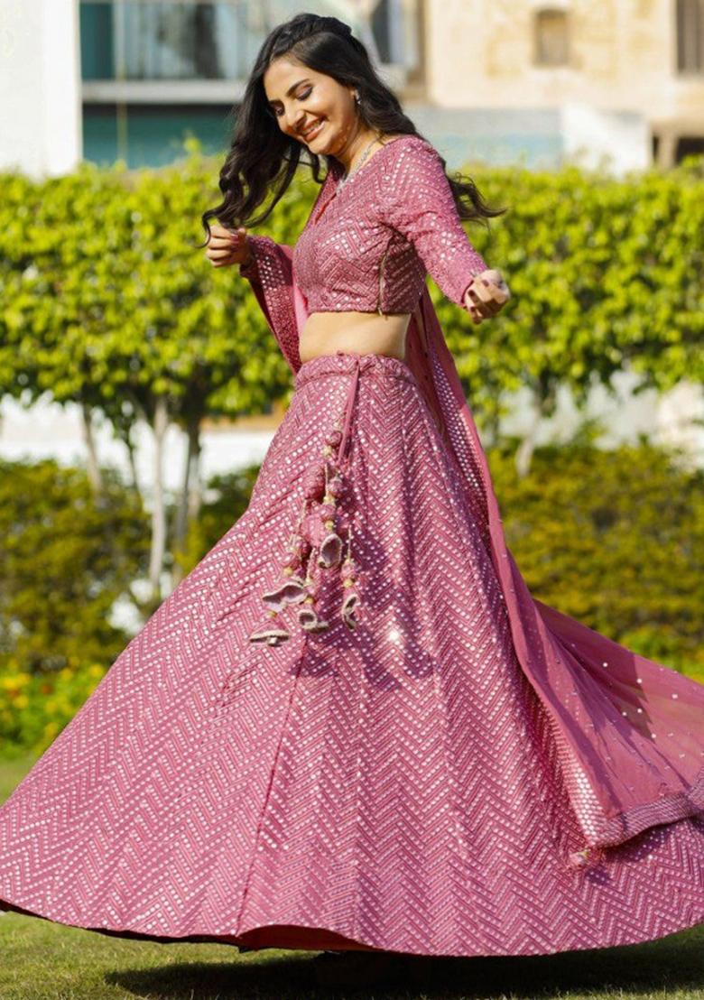 Metalic Pink Embroidery Work Georgette Lehenga Set With Dupatta - Indya