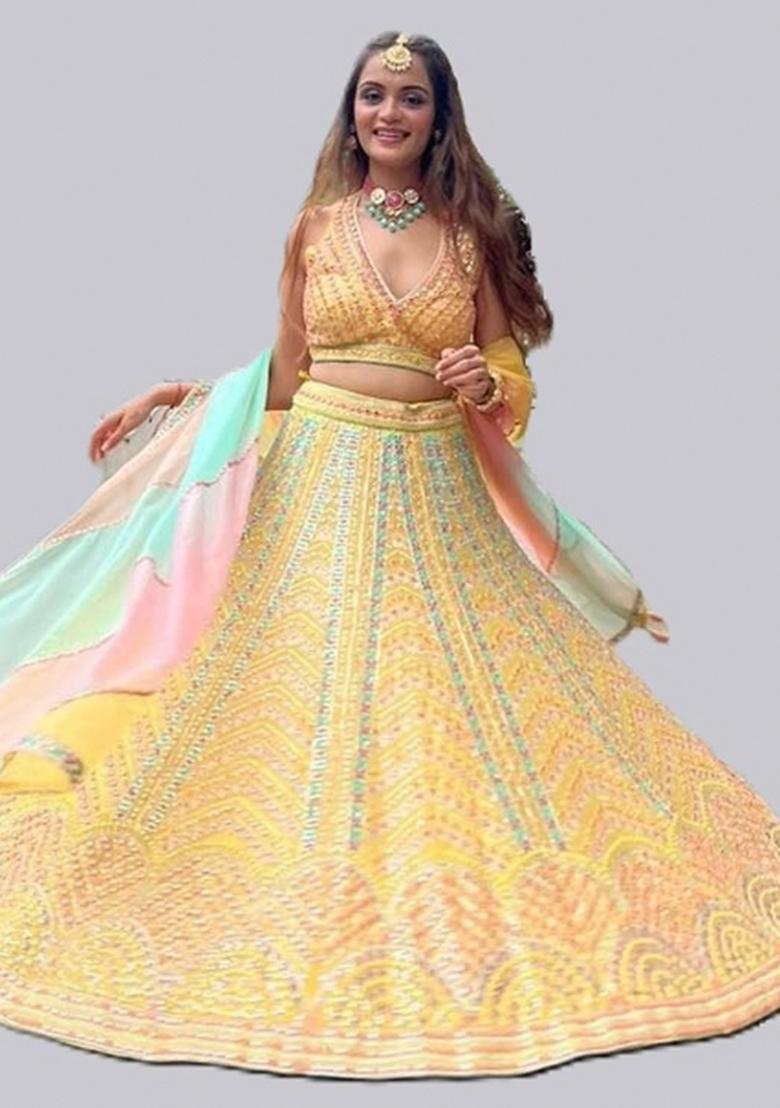 Yellow Embroidery Work Silk Lehenga Set With Dupatta - Indya