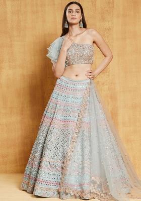 Sea Green Embroidery Work Organza Silk Lehenga Set With Dupatta