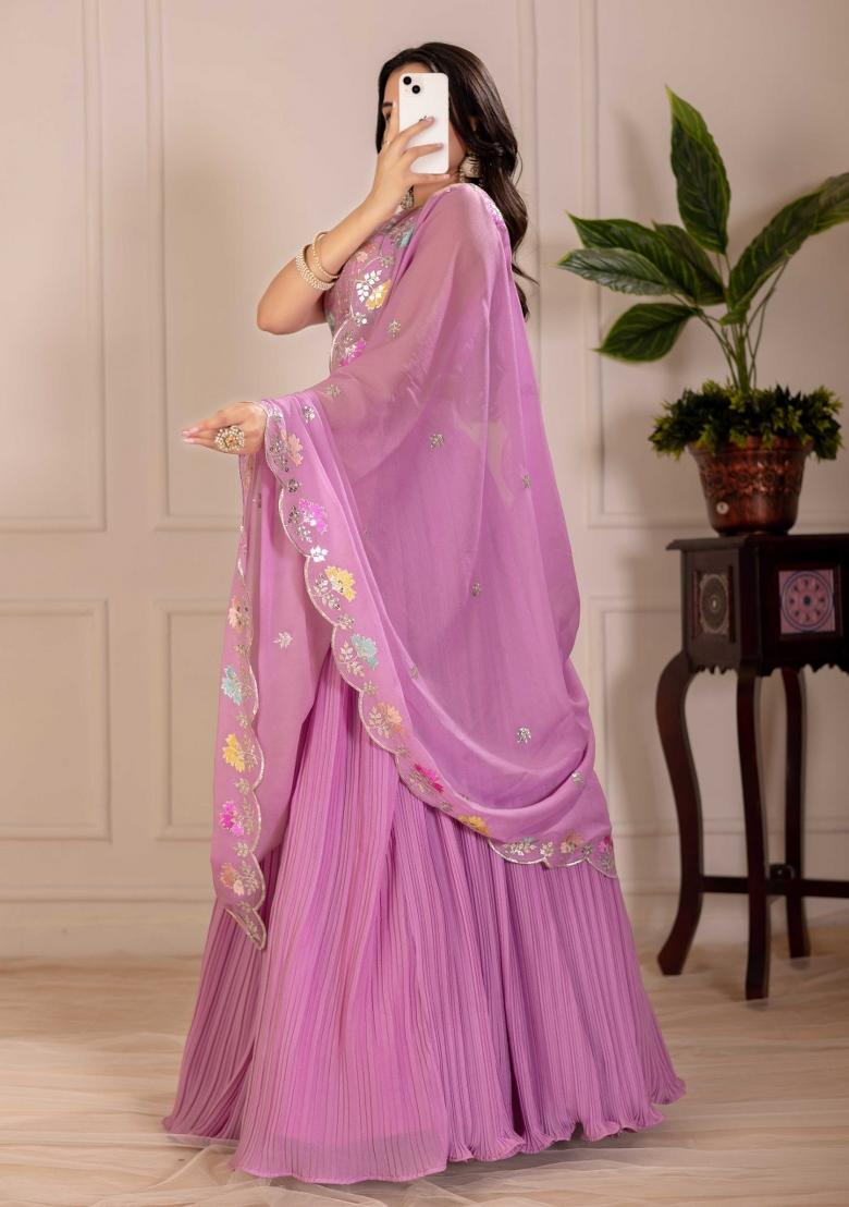 Pink Embroidery Work Georgette Lehenga Set With Dupatta - Indya