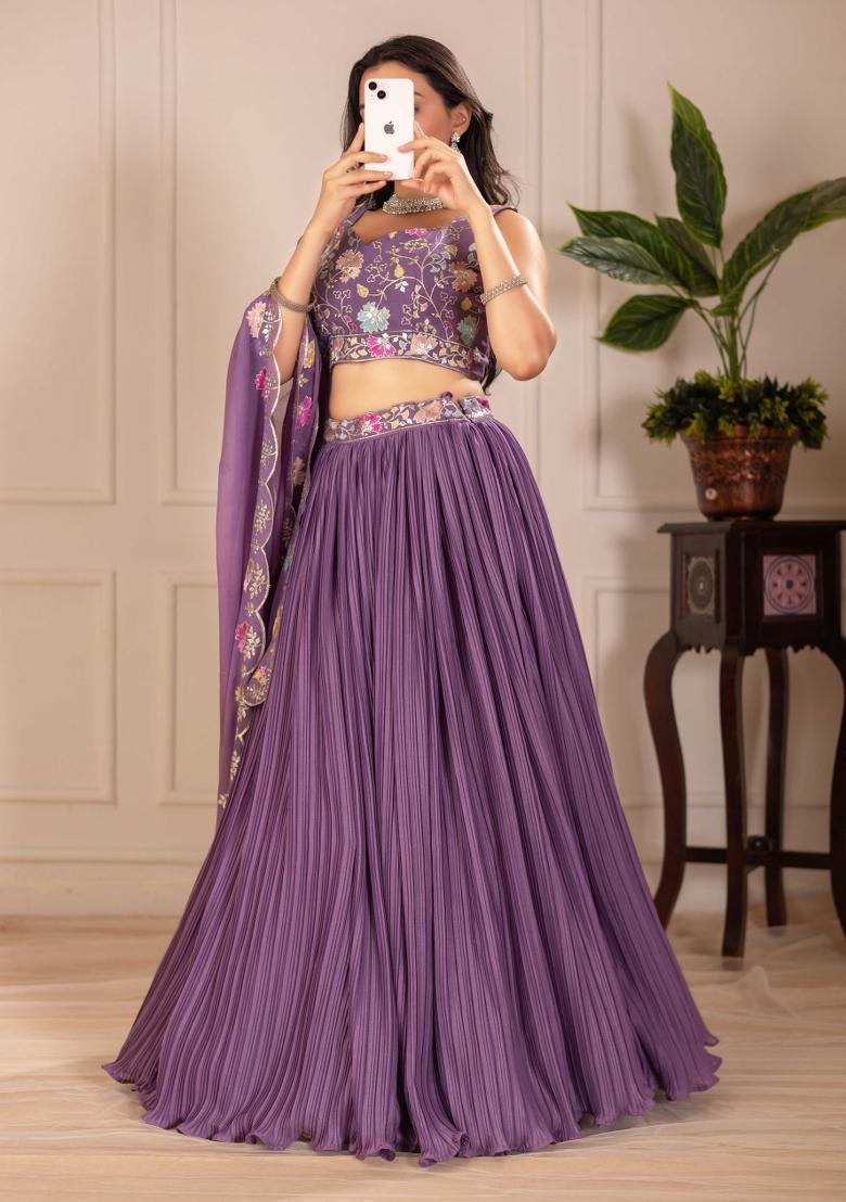 Purple Embroidery Work Georgette Lehenga Set With Dupatta - Indya