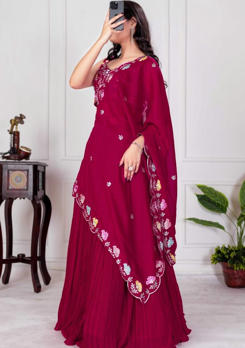 Red Embroidery Work Georgette Lehenga Set With Dupatta - Indya