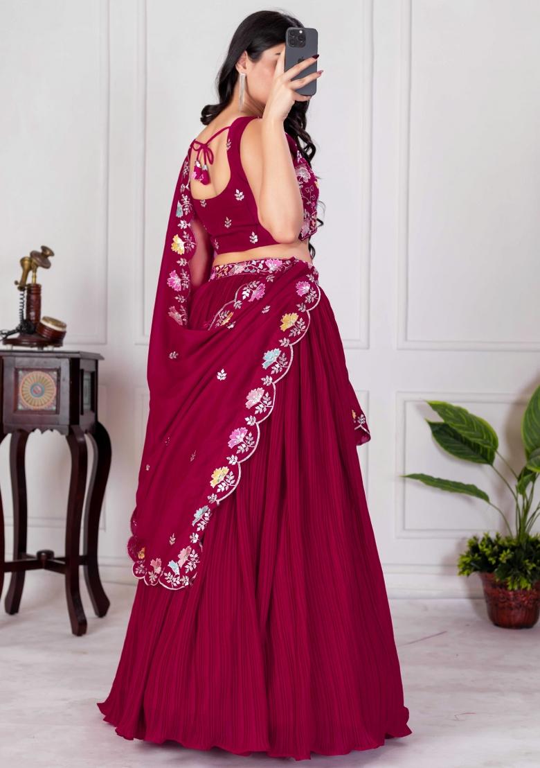 Red Embroidery Work Georgette Lehenga Set With Dupatta - Indya