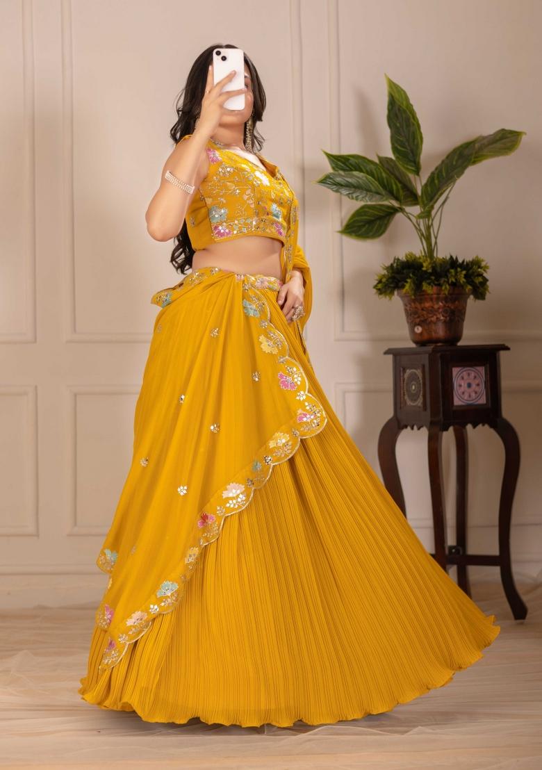 Yellow Embroidery Work Georgette Lehenga Set With Dupatta - Indya