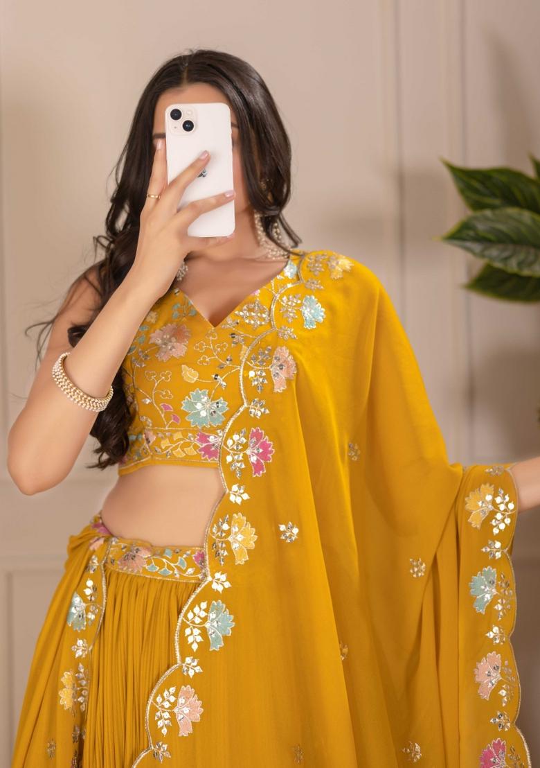 Yellow Embroidery Work Georgette Lehenga Set With Dupatta - Indya