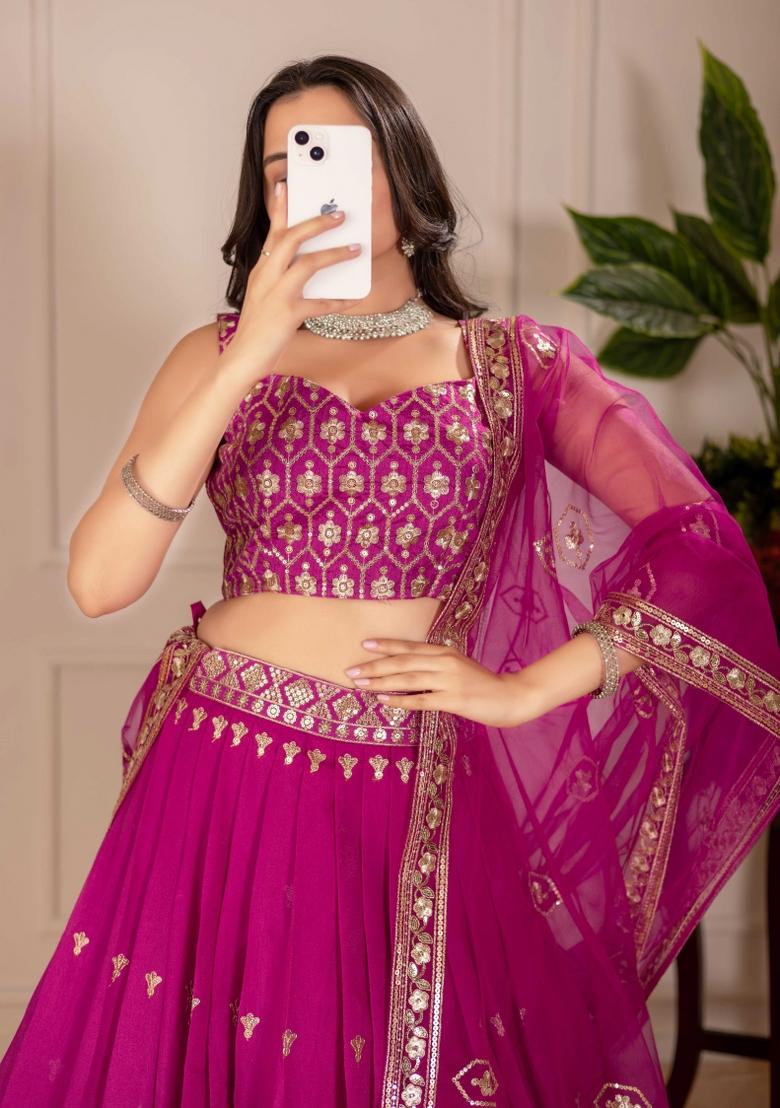 Pink Embroidery Work Silk Lehenga Set With Dupatta - Indya