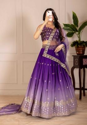Purple Embroidery Work Silk Lehenga Set With Dupatta
