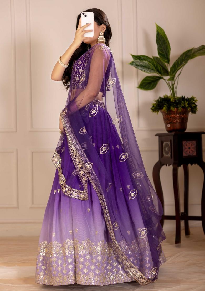 Purple Embroidery Work Silk Lehenga Set With Dupatta - Indya