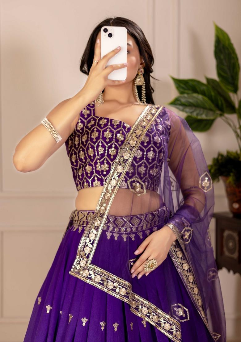 Purple Embroidery Work Silk Lehenga Set With Dupatta - Indya