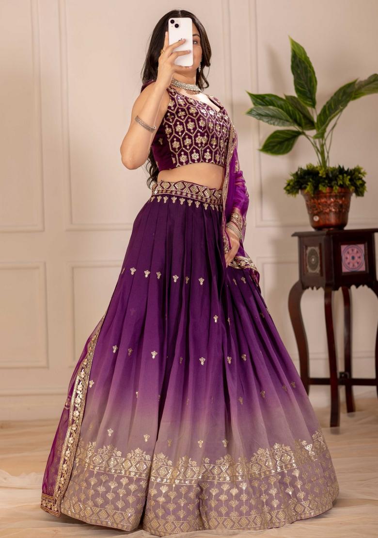 Wine Embroidery Work Silk Lehenga Set With Dupatta - Indya