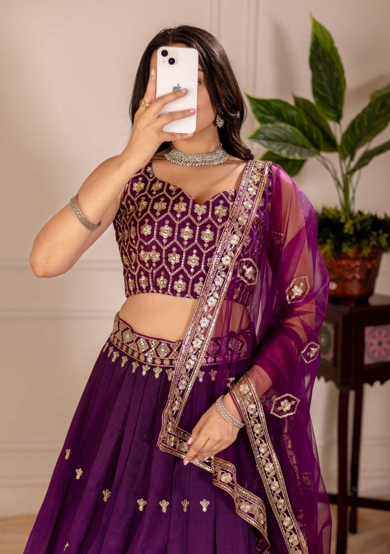 Wine Embroidery Work Silk Lehenga Set With Dupatta - Indya