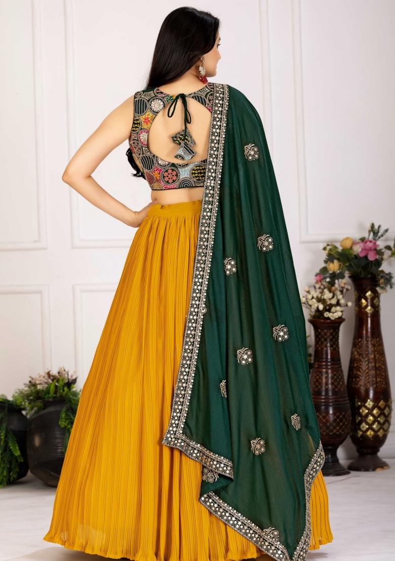 Yellow Embroidery Work Georgette Lehenga Set With Dupatta - Indya