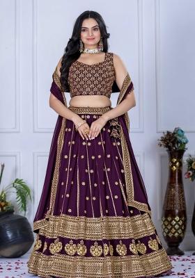 Wine Embroidery Work Georgette Lehenga Set With Dupatta