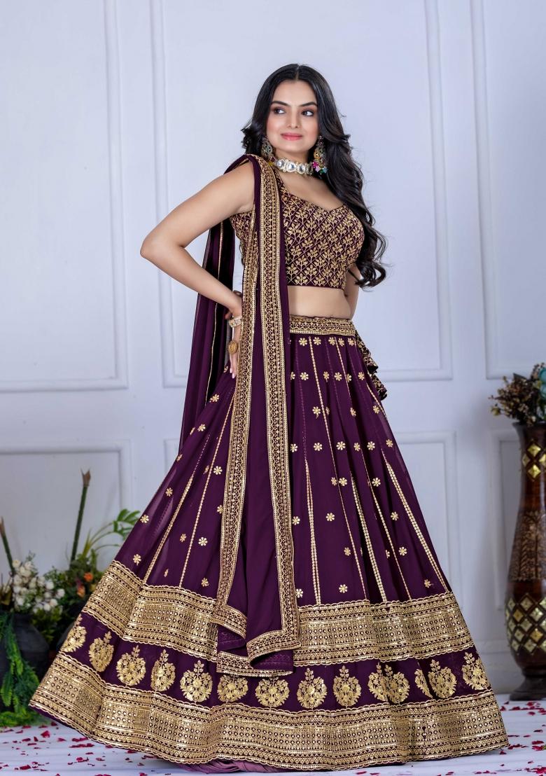 Wine Embroidery Work Georgette Lehenga Set With Dupatta - Indya