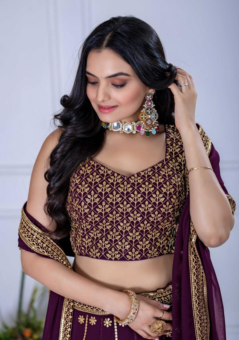 Wine Embroidery Work Georgette Lehenga Set With Dupatta - Indya