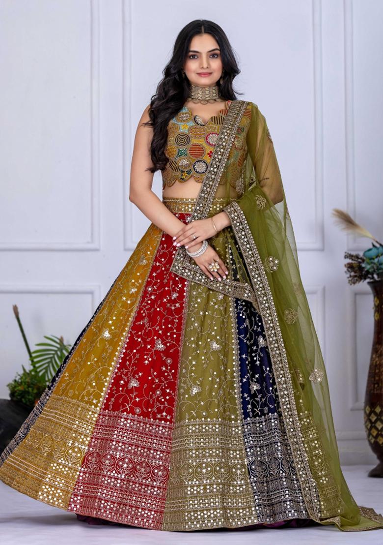 Multi Embroidery Work Georgette Lehenga Set With Dupatta - Indya
