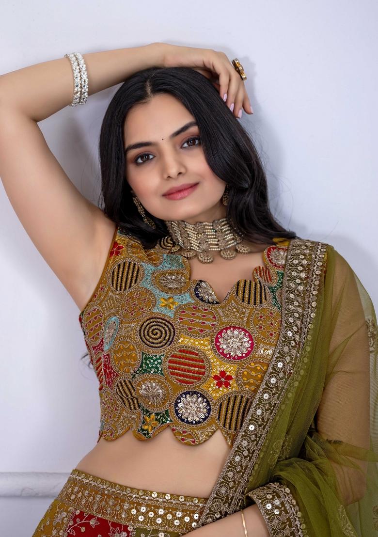 Multi Embroidery Work Georgette Lehenga Set With Dupatta - Indya