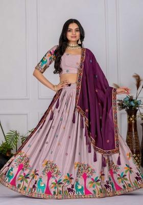 Wine Embroidery Work Chinon Lehenga Set With Dupatta