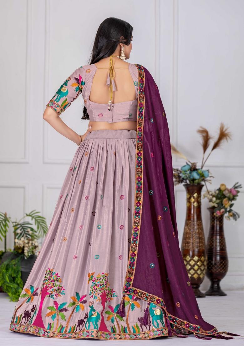 Wine Embroidery Work Chinon Lehenga Set With Dupatta - Indya