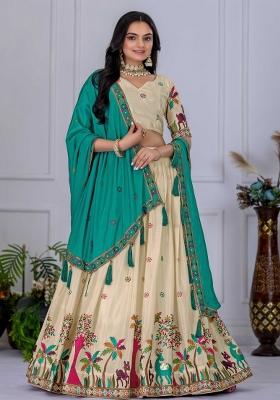 Firozi Embroidery Work Chinon Lehenga Set With Dupatta