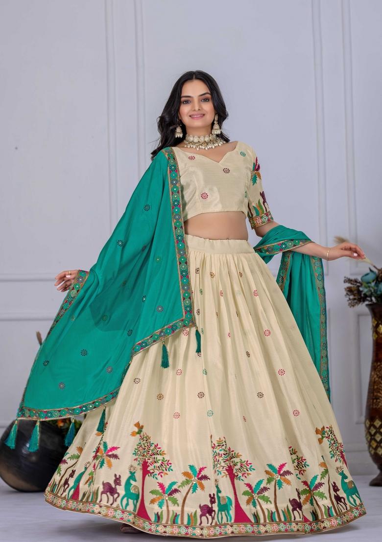 Firozi Embroidery Work Chinon Lehenga Set With Dupatta - Indya