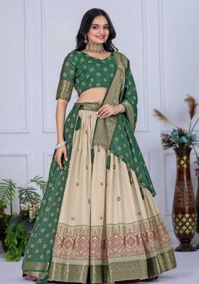 Green Embroidery Work Jacquard Lehenga Set With Dupatta