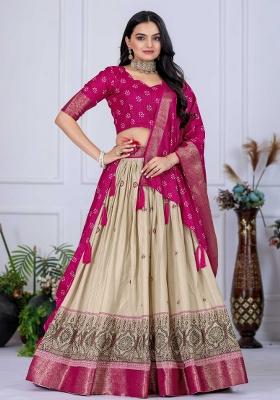 Pink Embroidery Work Jacquard Lehenga Set With Dupatta