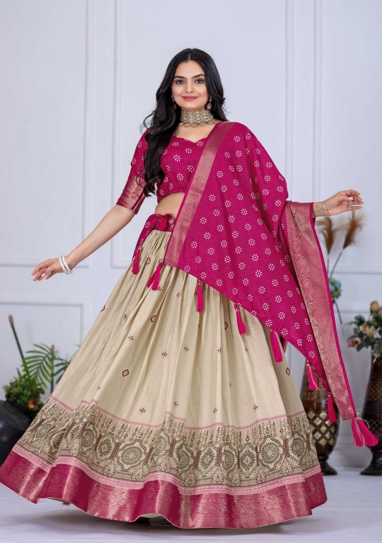 Pink Embroidery Work Jacquard Lehenga Set With Dupatta - Indya