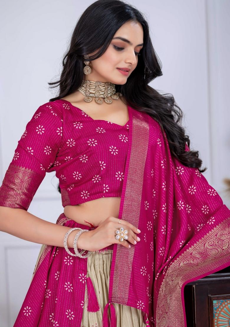 Pink Embroidery Work Jacquard Lehenga Set With Dupatta - Indya