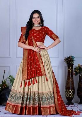 Red Embroidery Work Jacquard Lehenga Set With Dupatta