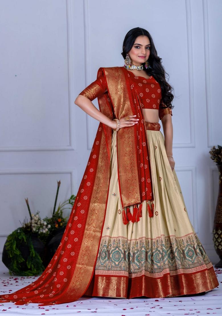 Red Embroidery Work Jacquard Lehenga Set With Dupatta - Indya